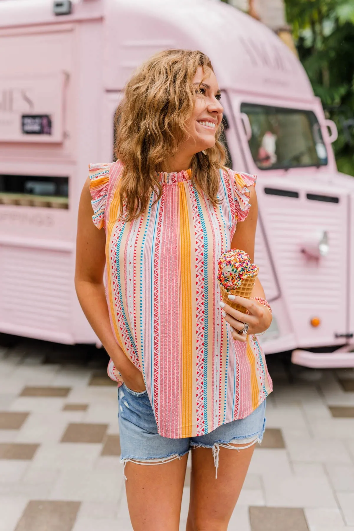 Eyes On Me Aztec Sleeveless Blouse Top- Coral