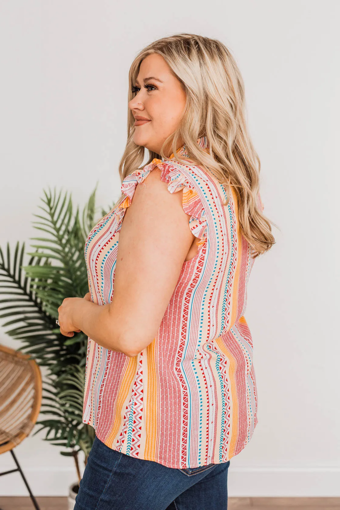 Eyes On Me Aztec Sleeveless Blouse Top- Coral
