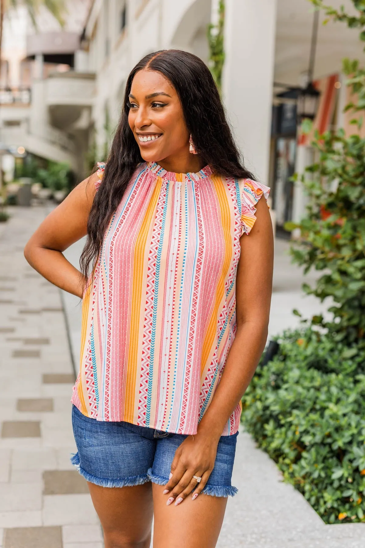 Eyes On Me Aztec Sleeveless Blouse Top- Coral