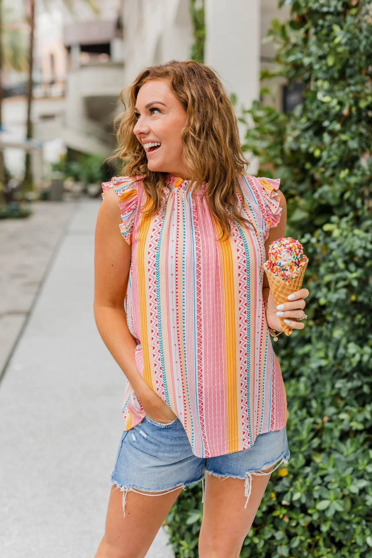 Eyes On Me Aztec Sleeveless Blouse Top- Coral