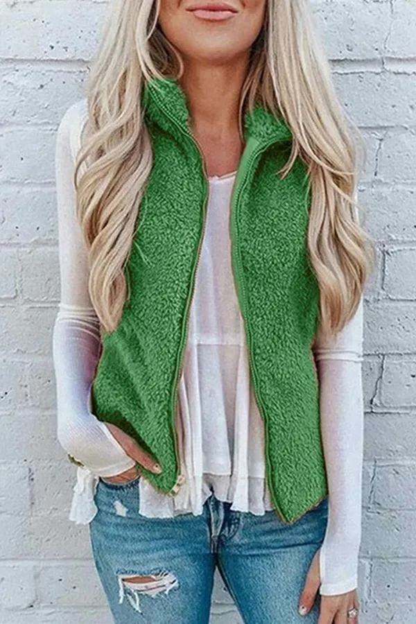 Fashion Solid Pocket Zipper Mandarin Collar Tops
