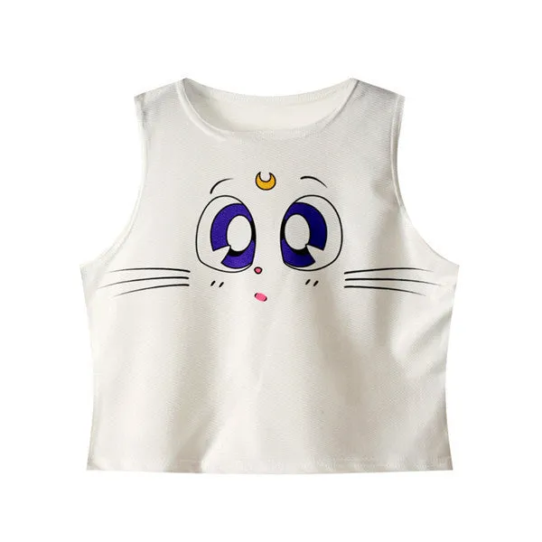 Fashion Women Cartoon Short Halter Top Tank Top Sleeveless Bustier Crop Tops T-Shirt Shirts