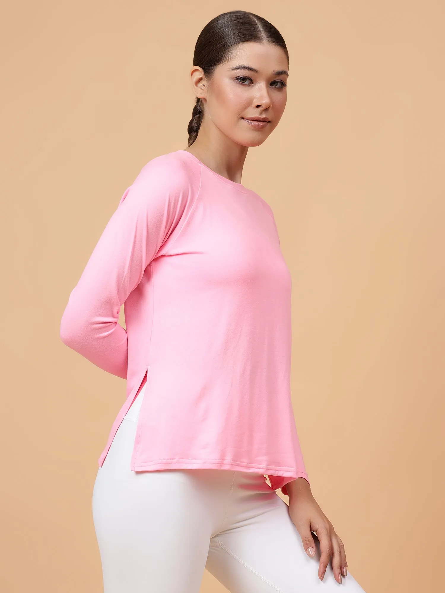 Fitkin Women Neon Pink Long-sleeved Side Slit Tshirt