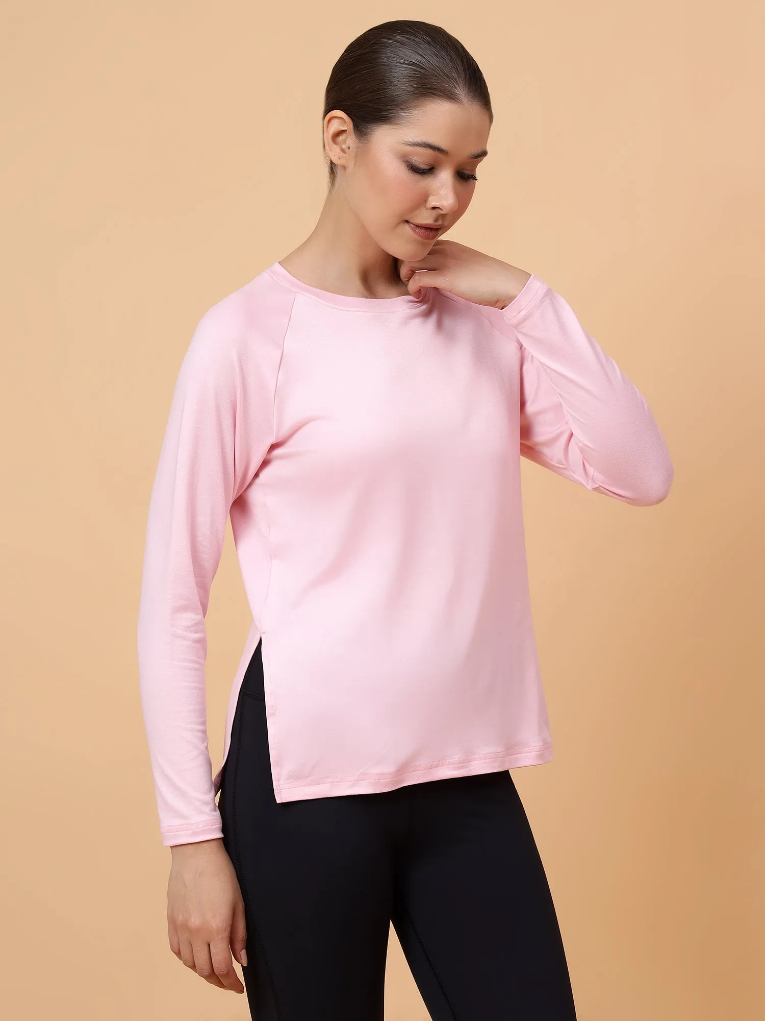 Fitkin Women Pink Long-sleeved Side Slit Tshirt