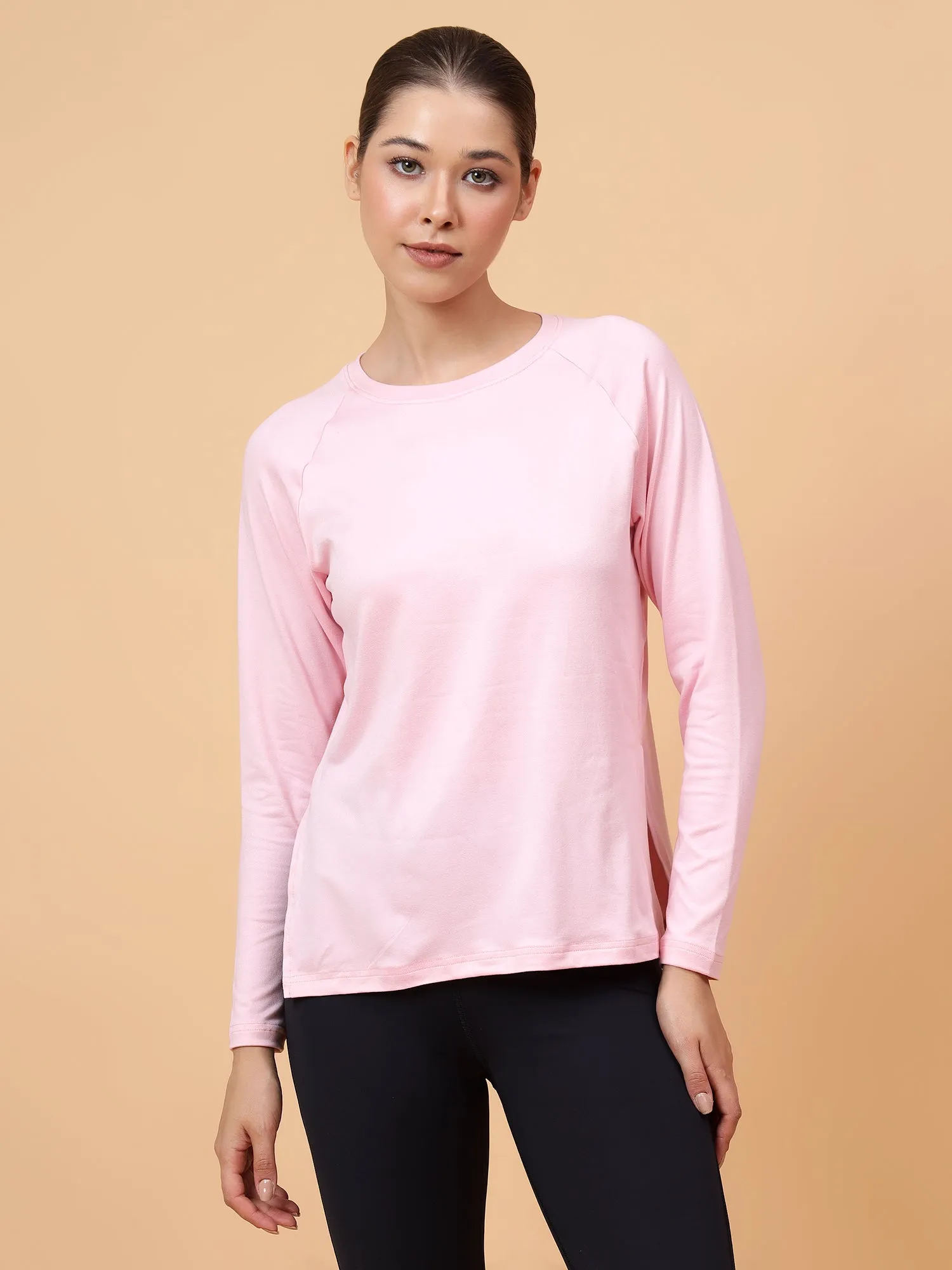 Fitkin Women Pink Long-sleeved Side Slit Tshirt