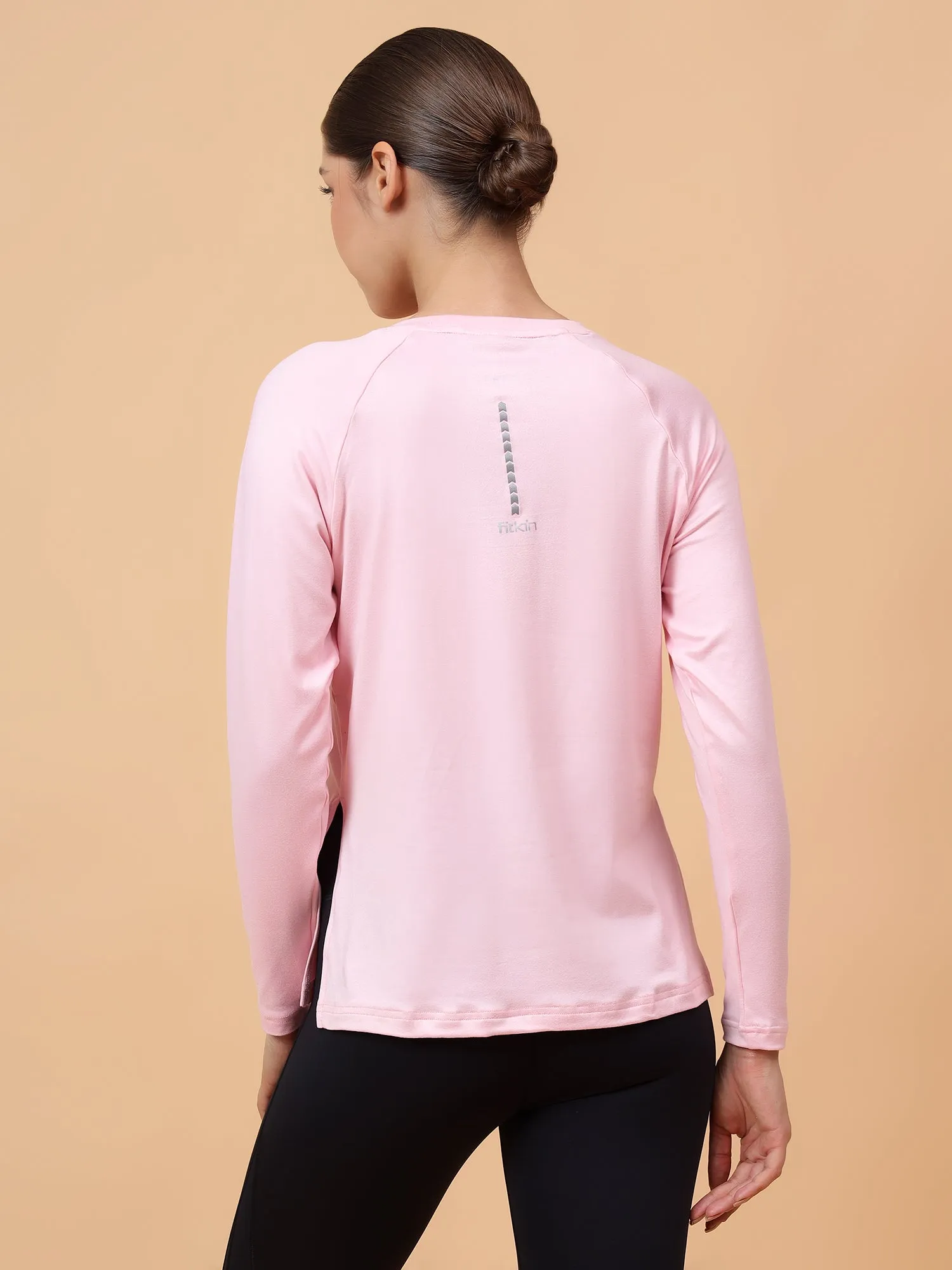 Fitkin Women Pink Long-sleeved Side Slit Tshirt