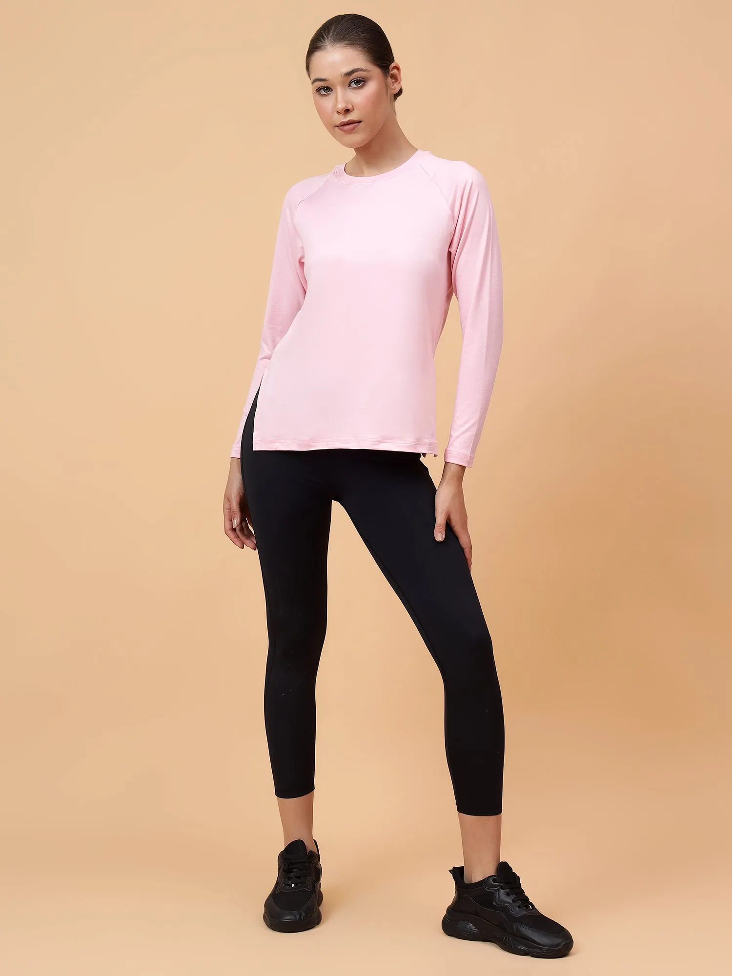 Fitkin Women Pink Long-sleeved Side Slit Tshirt