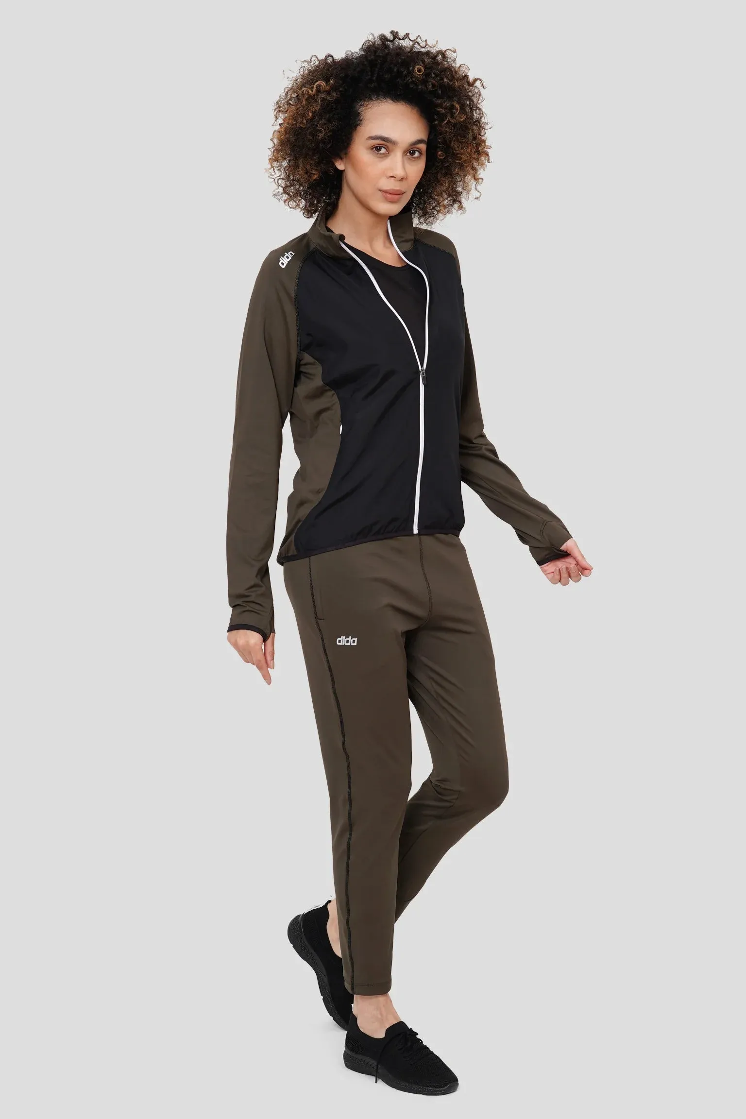 Fleece Stretchable Fitness Track Suit (Olive Black) - Women