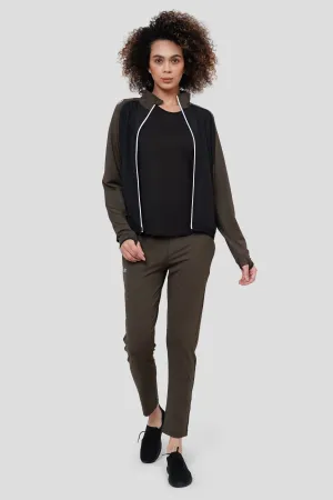 Fleece Stretchable Fitness Track Suit (Olive Black) - Women