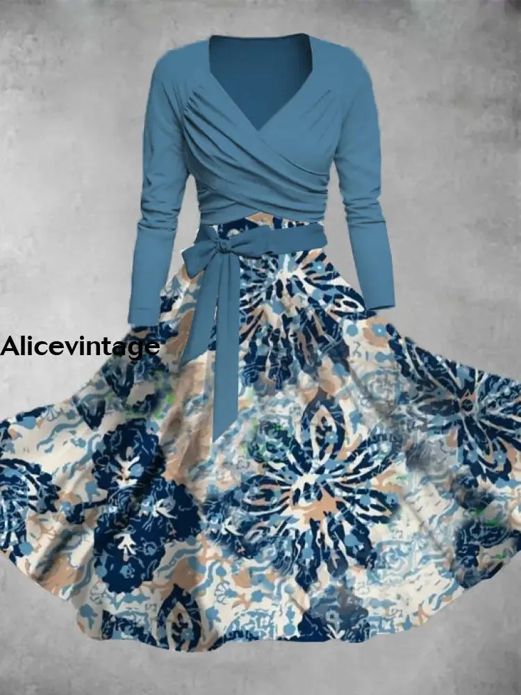 Floral Print Vintage V-Neck Long Sleeve Two Piece Midi Dress