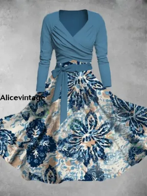 Floral Print Vintage V-Neck Long Sleeve Two Piece Midi Dress