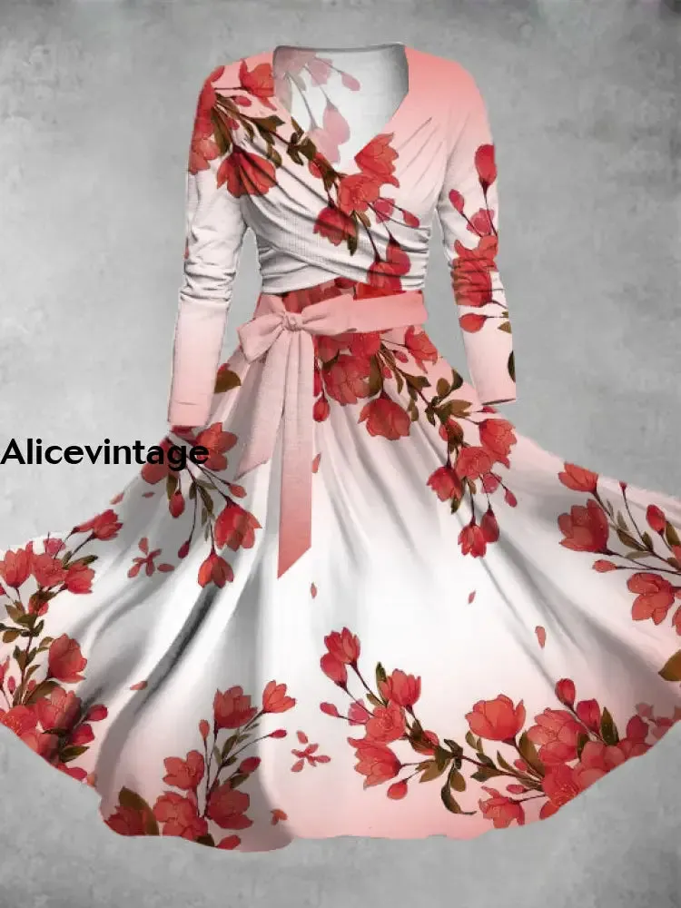 Floral Print Vintage V-Neck Long Sleeve Two Piece Midi Dress