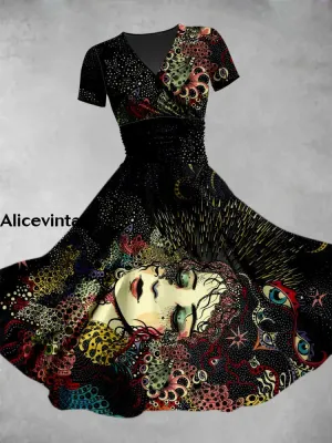 Girl Portrait Art Print V-Neck Vintage Short Sleeve Midi Dress