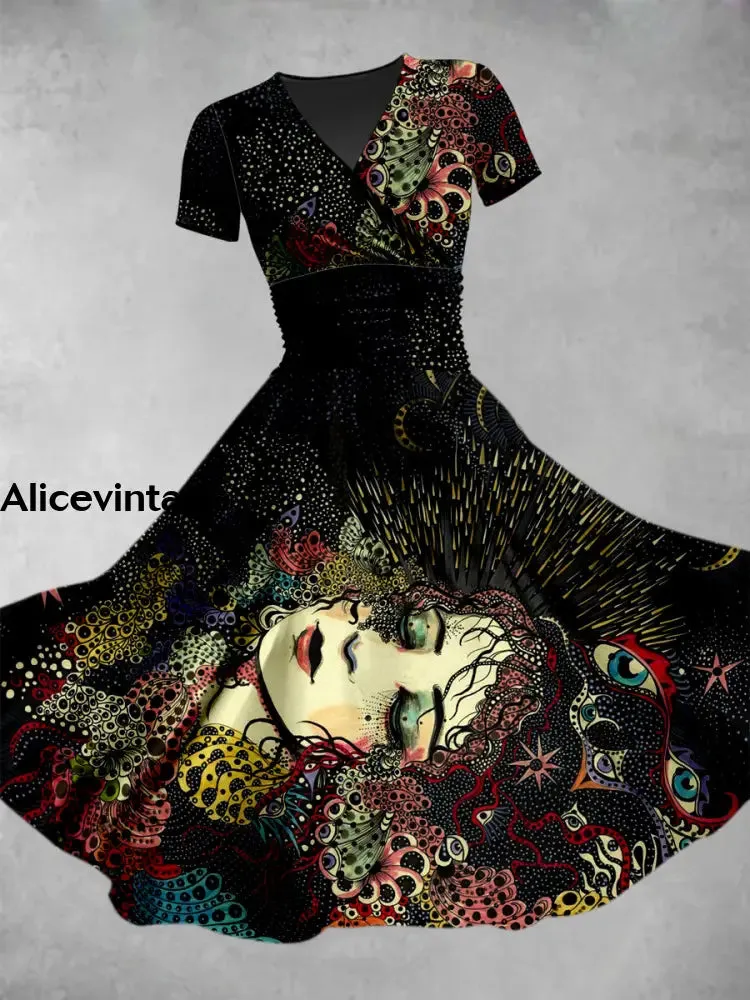 Girl Portrait Art Print V-Neck Vintage Short Sleeve Midi Dress
