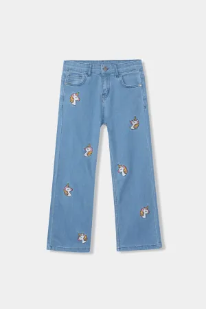 Girls Embroidered Unicorn  Wide Leg Jeans