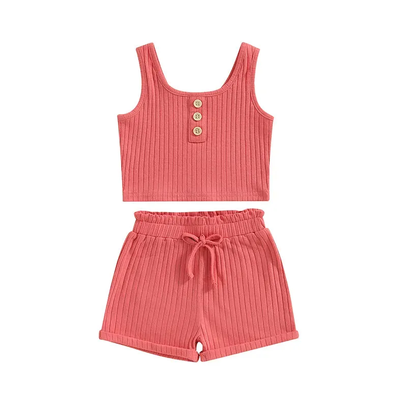 Girls Summer 2 Piece Outfits Sleeveless Button Cami Tops