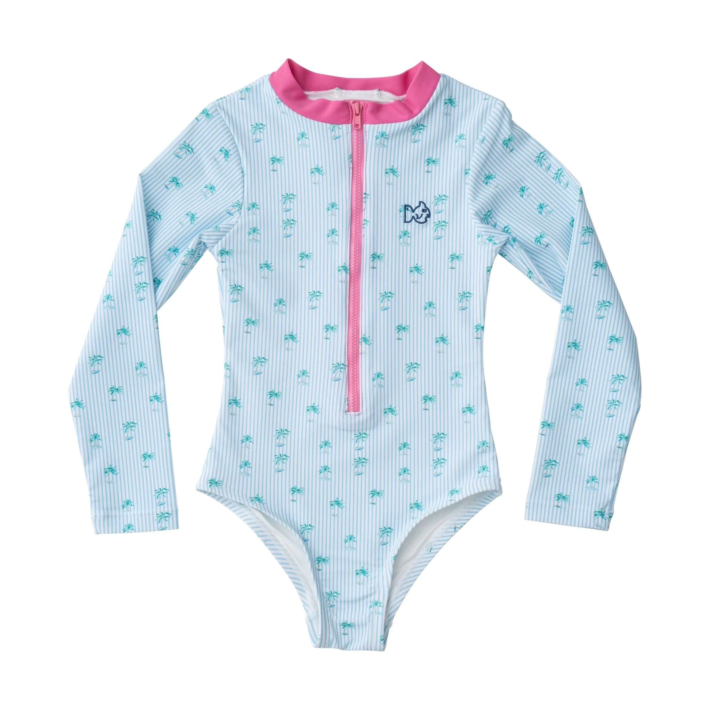 Girls' Surf and Turf One Piece Swimsuit in Palm Tree Stripe Print