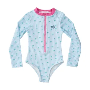 Girls' Surf and Turf One Piece Swimsuit in Palm Tree Stripe Print