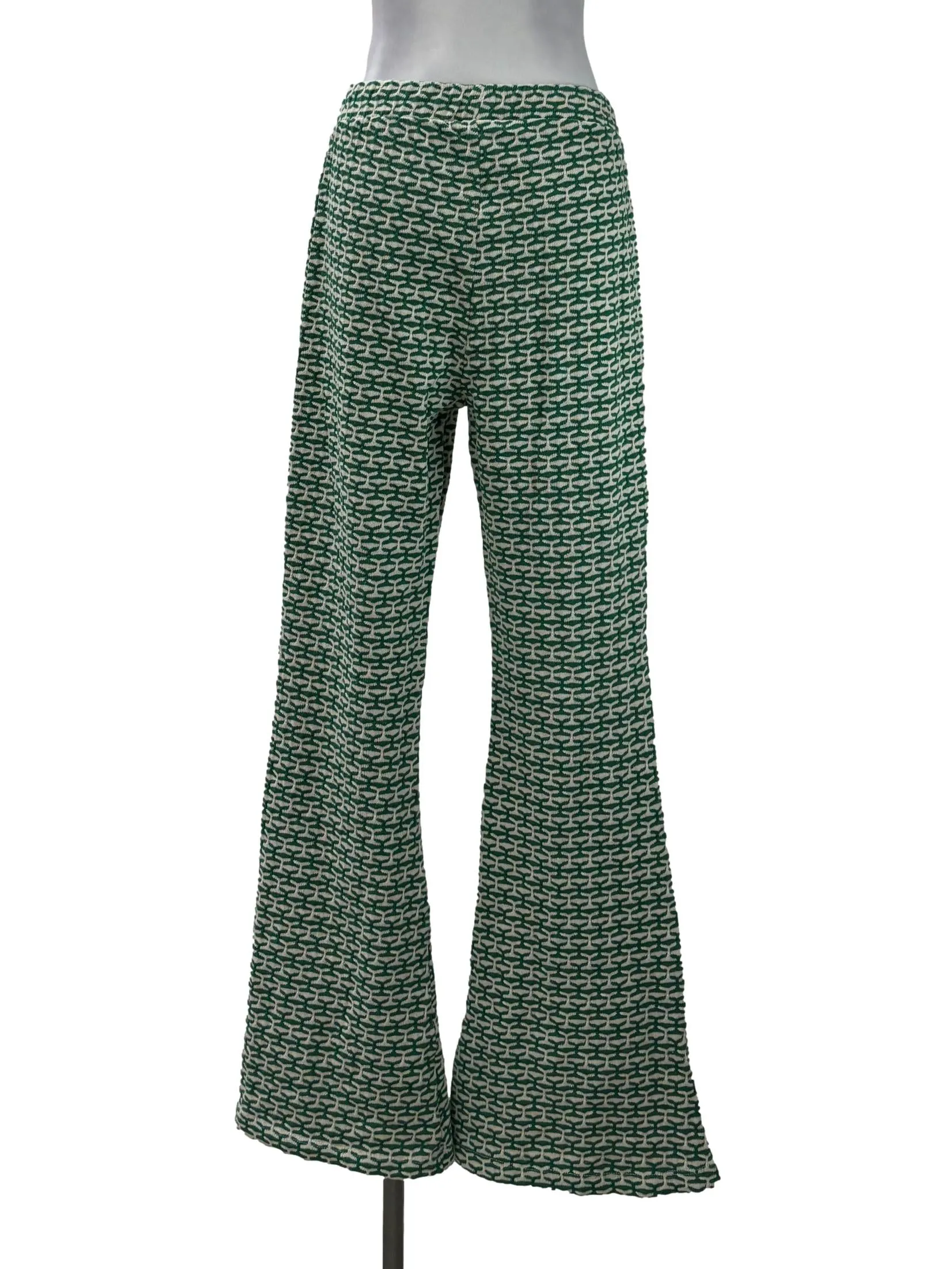 Green And White Ribbed Patterned Flare Pants