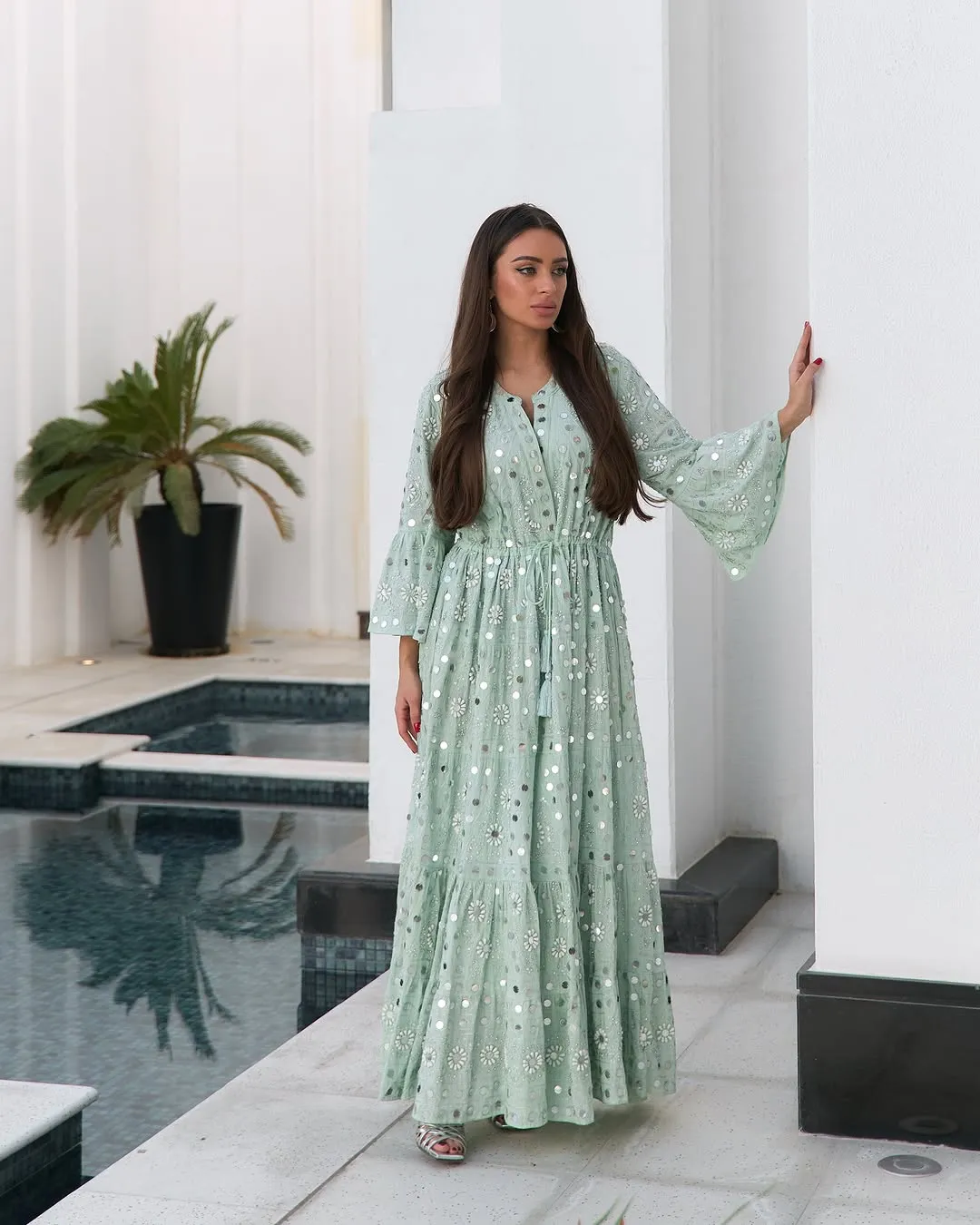 Handmade Embroidery Mirrors & Studs Dress - Mint Green