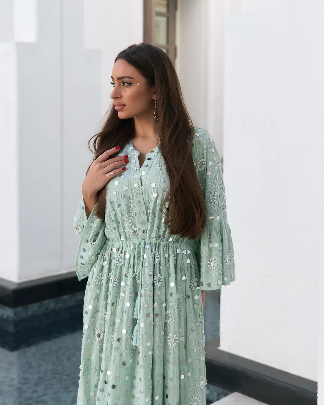 Handmade Embroidery Mirrors & Studs Dress - Mint Green