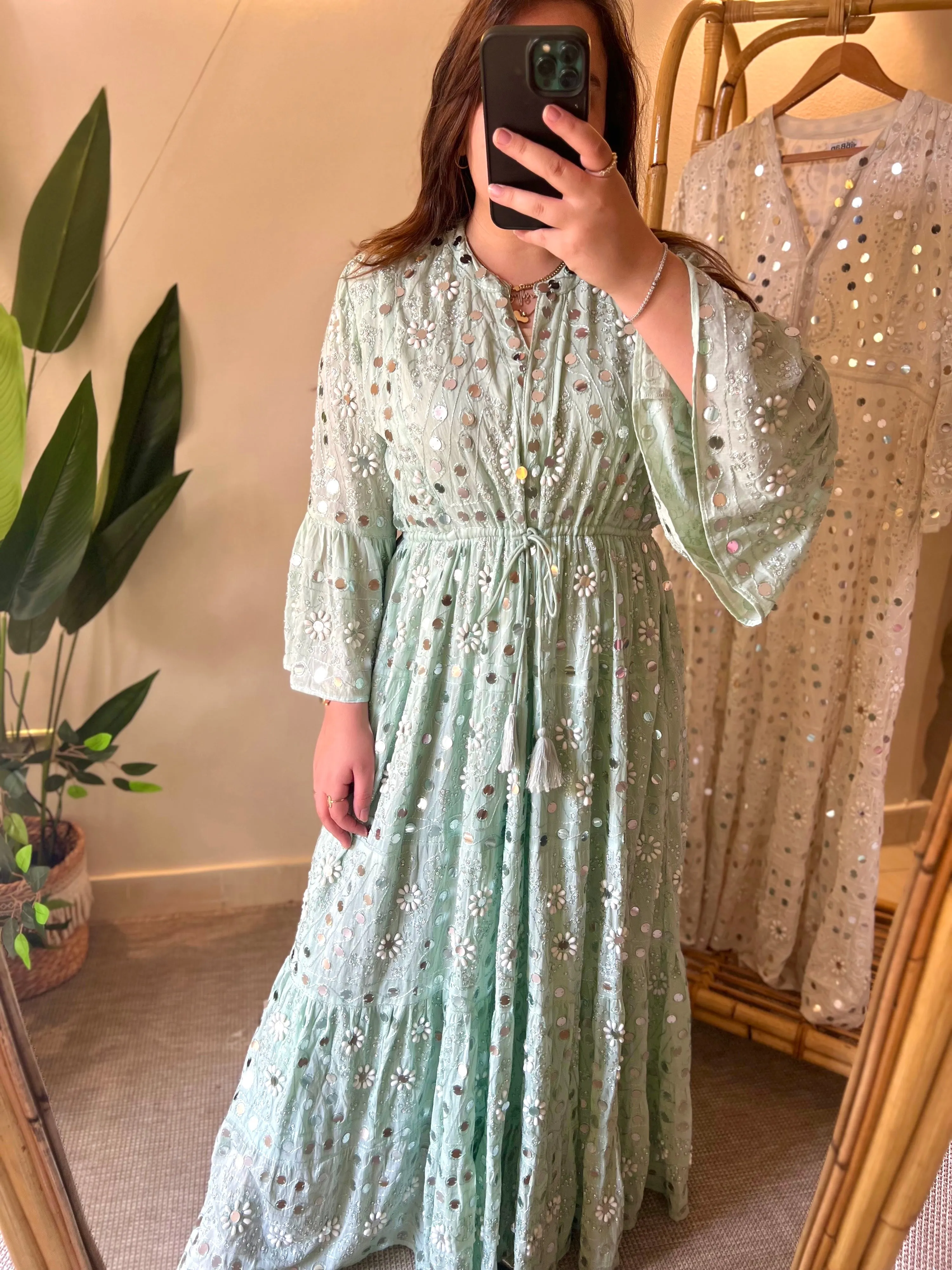 Handmade Embroidery Mirrors & Studs Dress - Mint Green