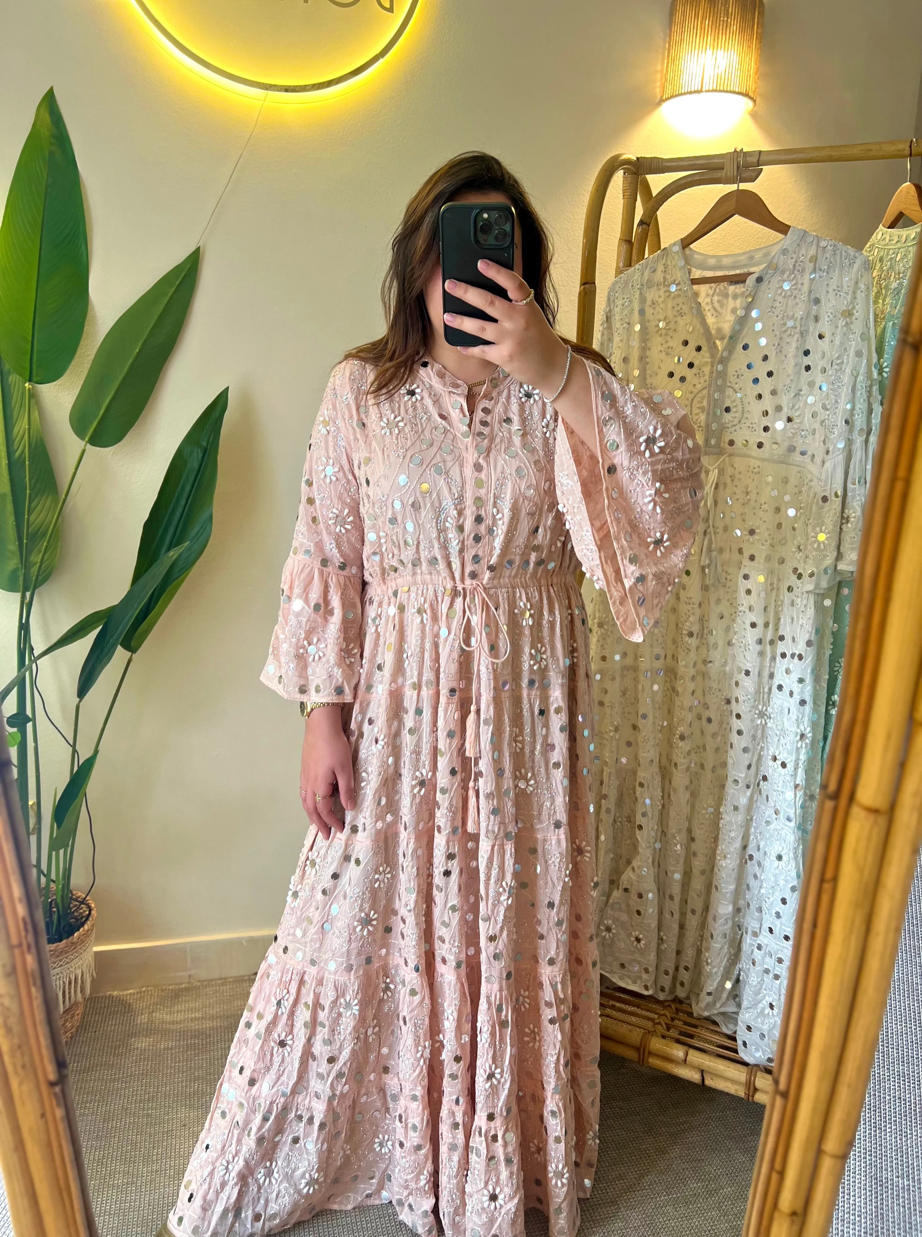 Handmade Embroidery Mirrors & Studs Dress - Pink