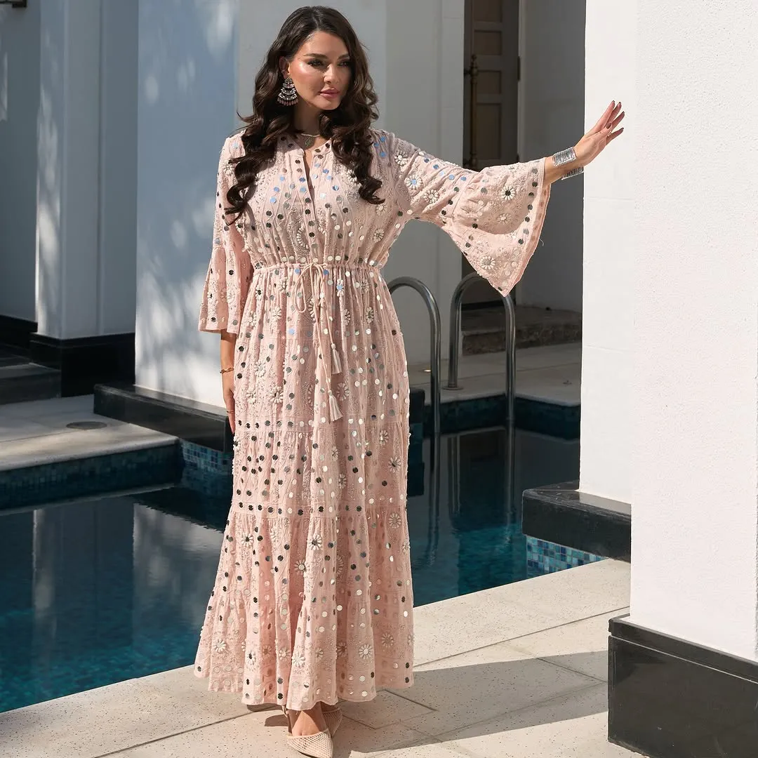 Handmade Embroidery Mirrors & Studs Dress - Pink
