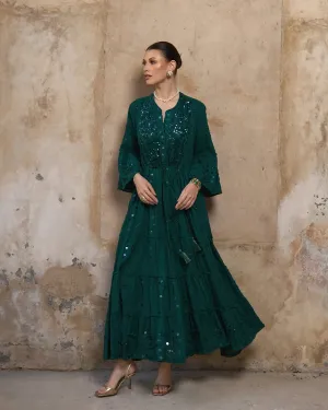 Handmade Embroidery Studs Dress - Emerald Green