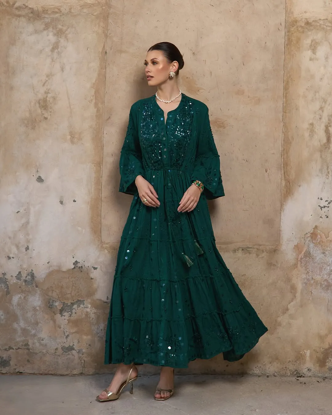 Handmade Embroidery Studs Dress - Emerald Green