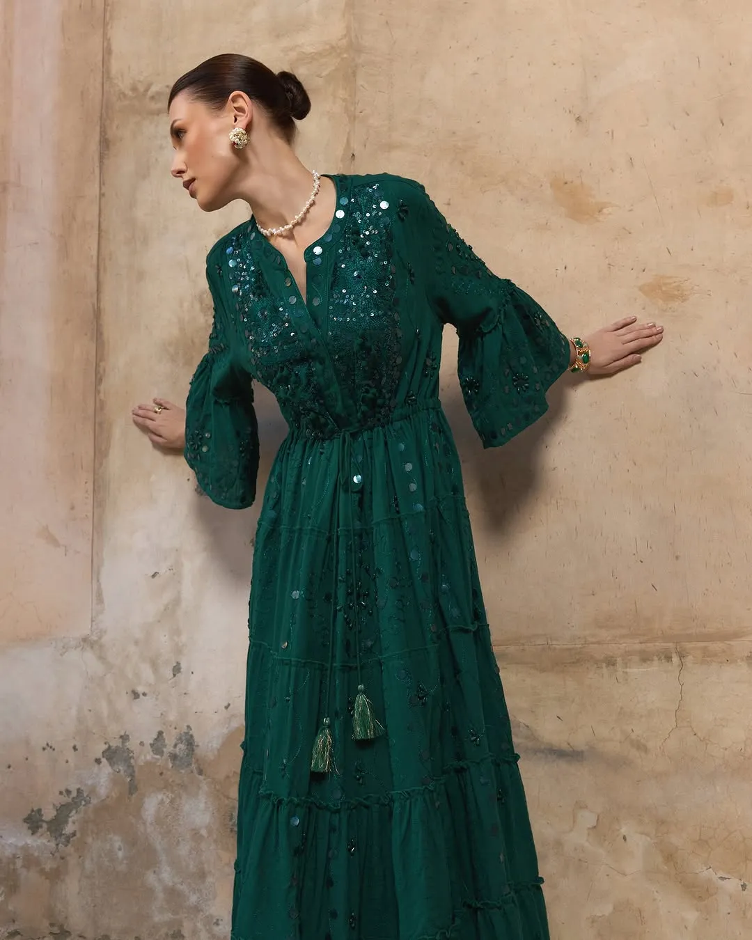 Handmade Embroidery Studs Dress - Emerald Green
