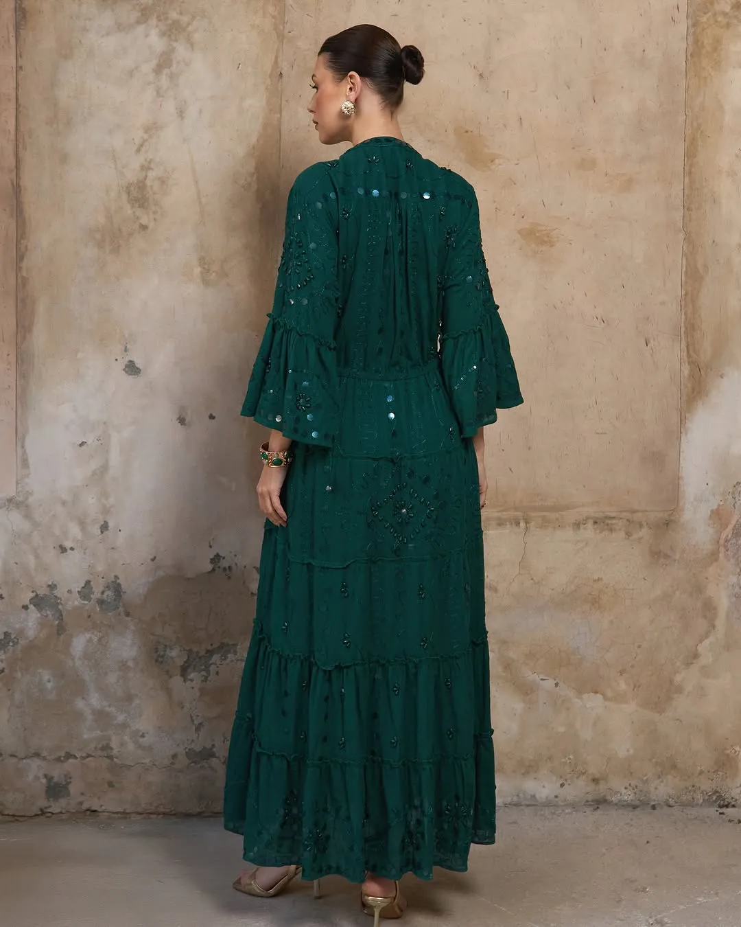 Handmade Embroidery Studs Dress - Emerald Green