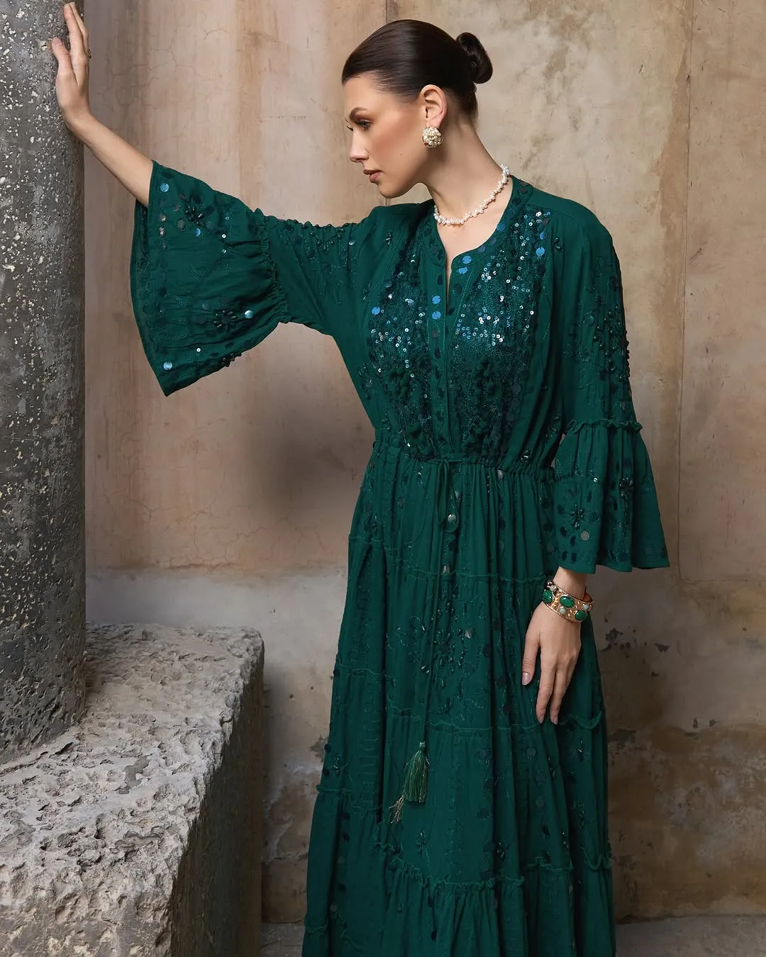 Handmade Embroidery Studs Dress - Emerald Green