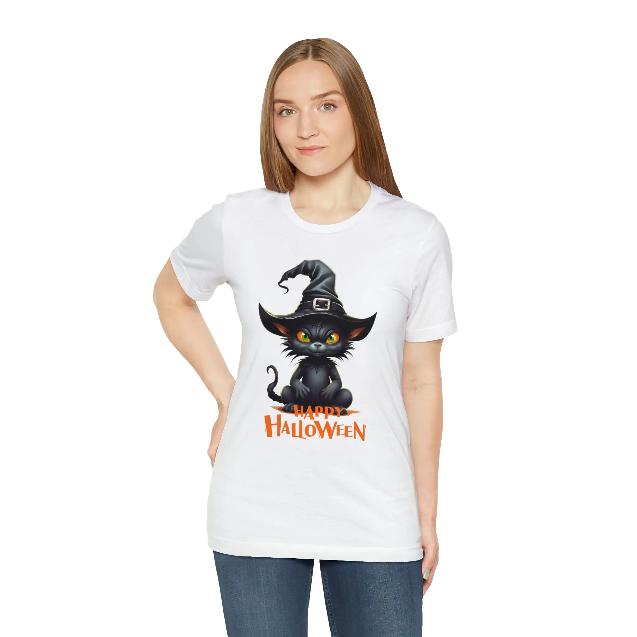 Happy Halloween Witchy Cat T-Shirt | Creepy Witch Cat Tee |  Bella Canvas 3001Unisex | Spooky Short Sleeve Tshirt