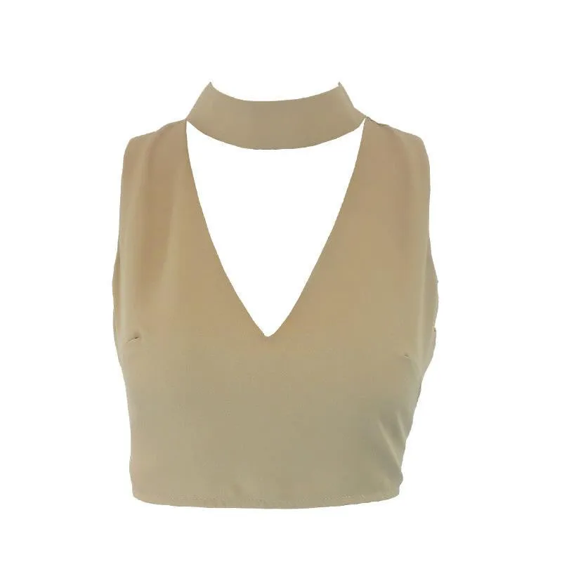 high neck white halter girls 90's cropped tank top Summer sexy v neck sleeveless women short crop tops