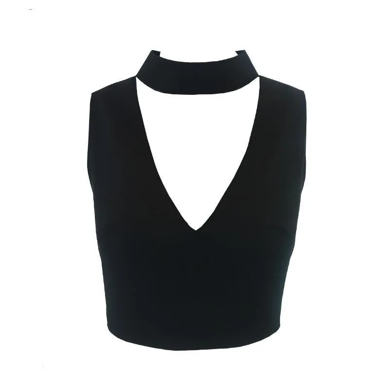 high neck white halter girls 90's cropped tank top Summer sexy v neck sleeveless women short crop tops