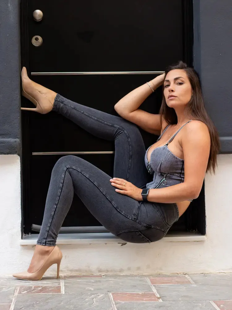High-Waist Lift Jeggings Set - Grey Shaper Pants with Button Up Detail