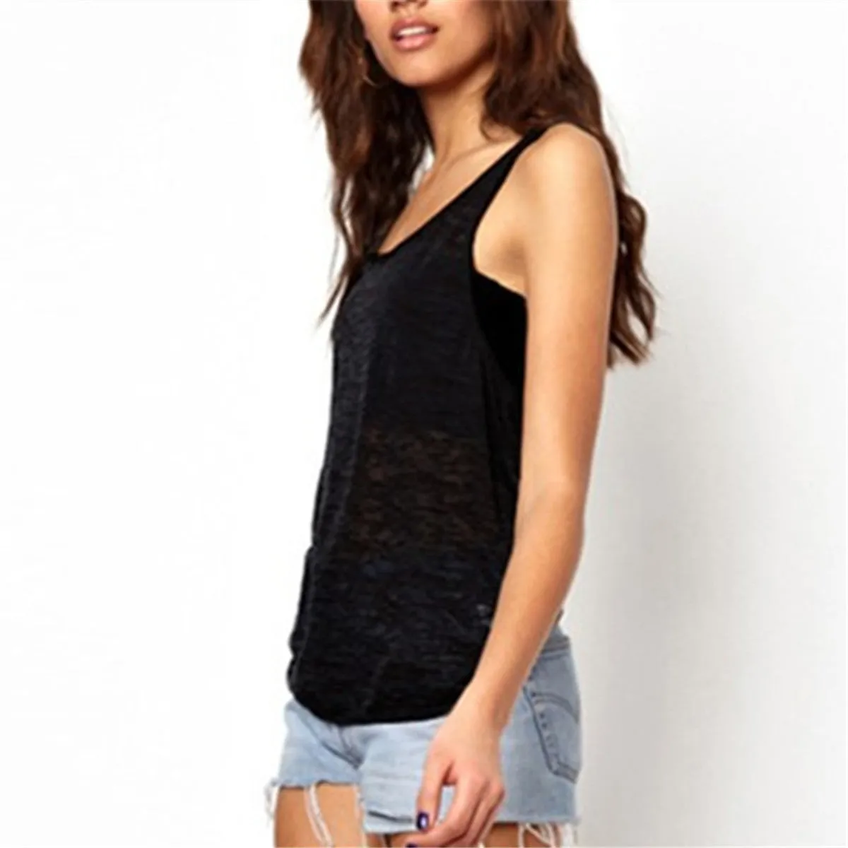 Hot Women See Through Tank Tops Fashion Sleeveless O Neck Loose Tops Plus Size Black White Casual Loose Shirt