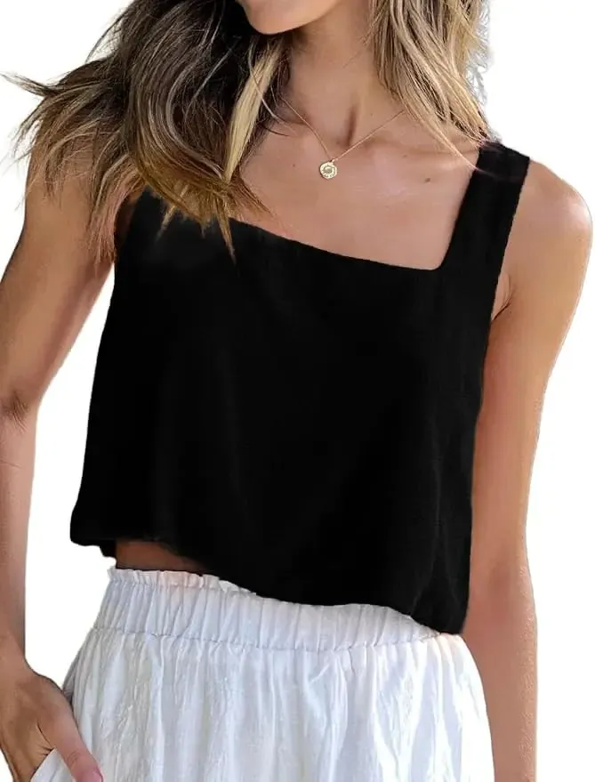 IDEALSANXUN Linen Crop Tank Tops for Women Sleeveless Summer Casual Cute Square Neck Tank Tops Black XL