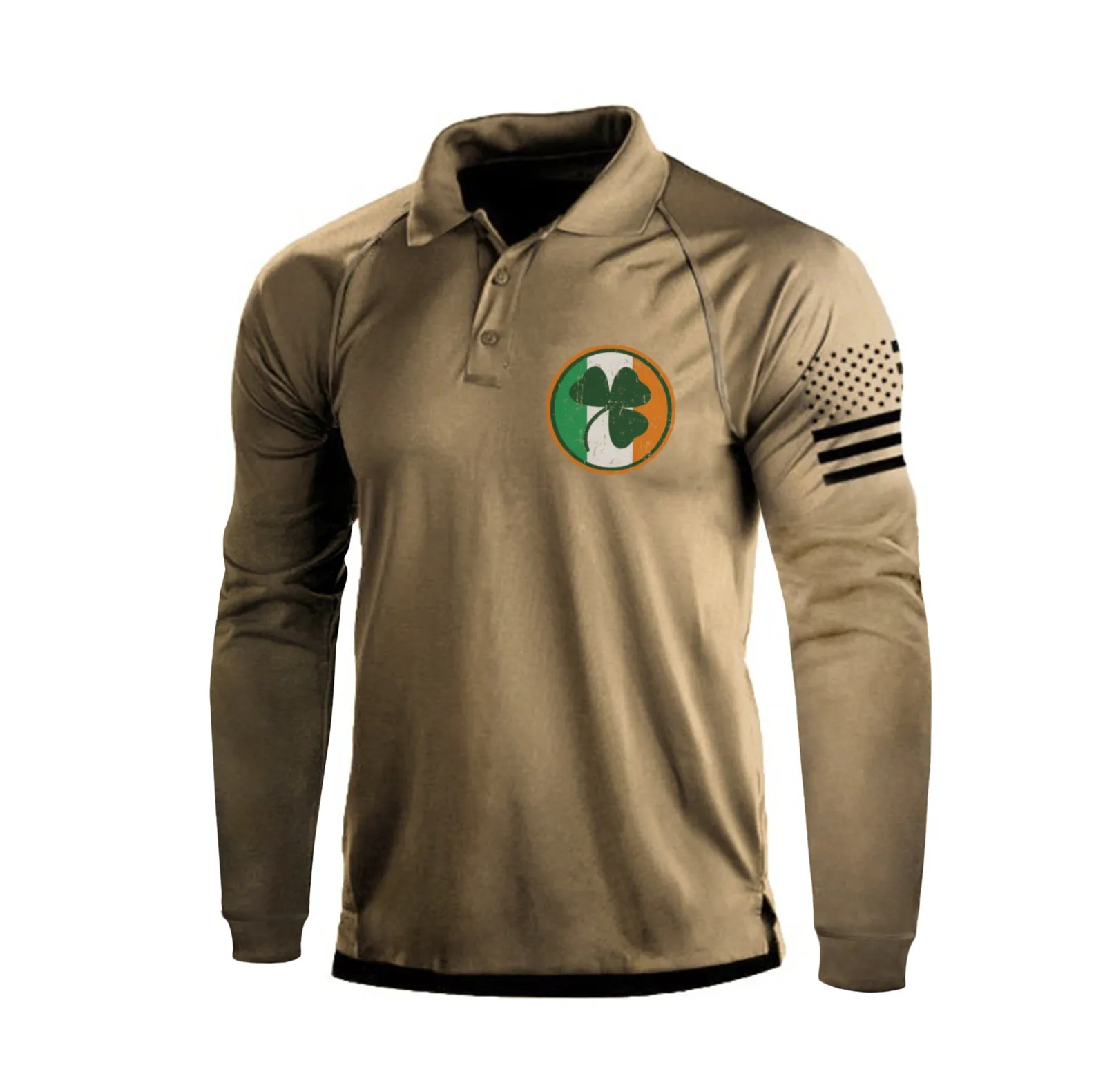 IRELAND FLAG SHAMROCK RAGLAN GRAPHIC LONG SLEEVE POLO SHIRT