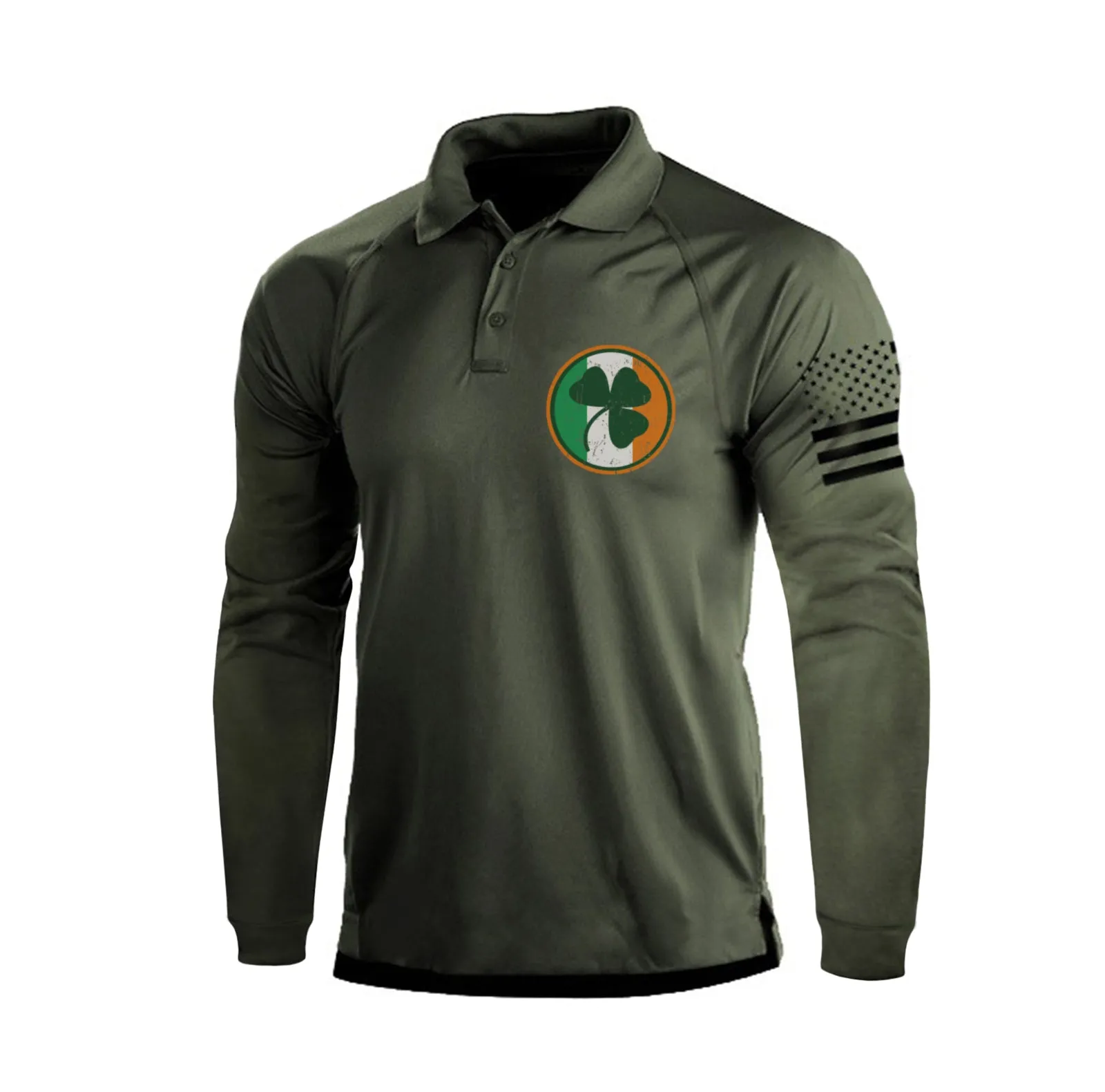IRELAND FLAG SHAMROCK RAGLAN GRAPHIC LONG SLEEVE POLO SHIRT