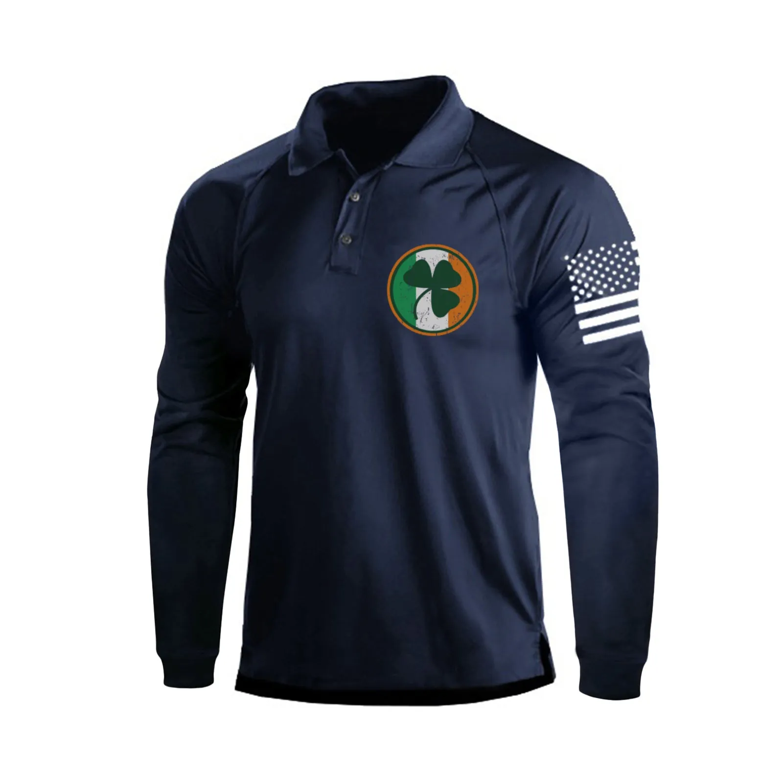 IRELAND FLAG SHAMROCK RAGLAN GRAPHIC LONG SLEEVE POLO SHIRT