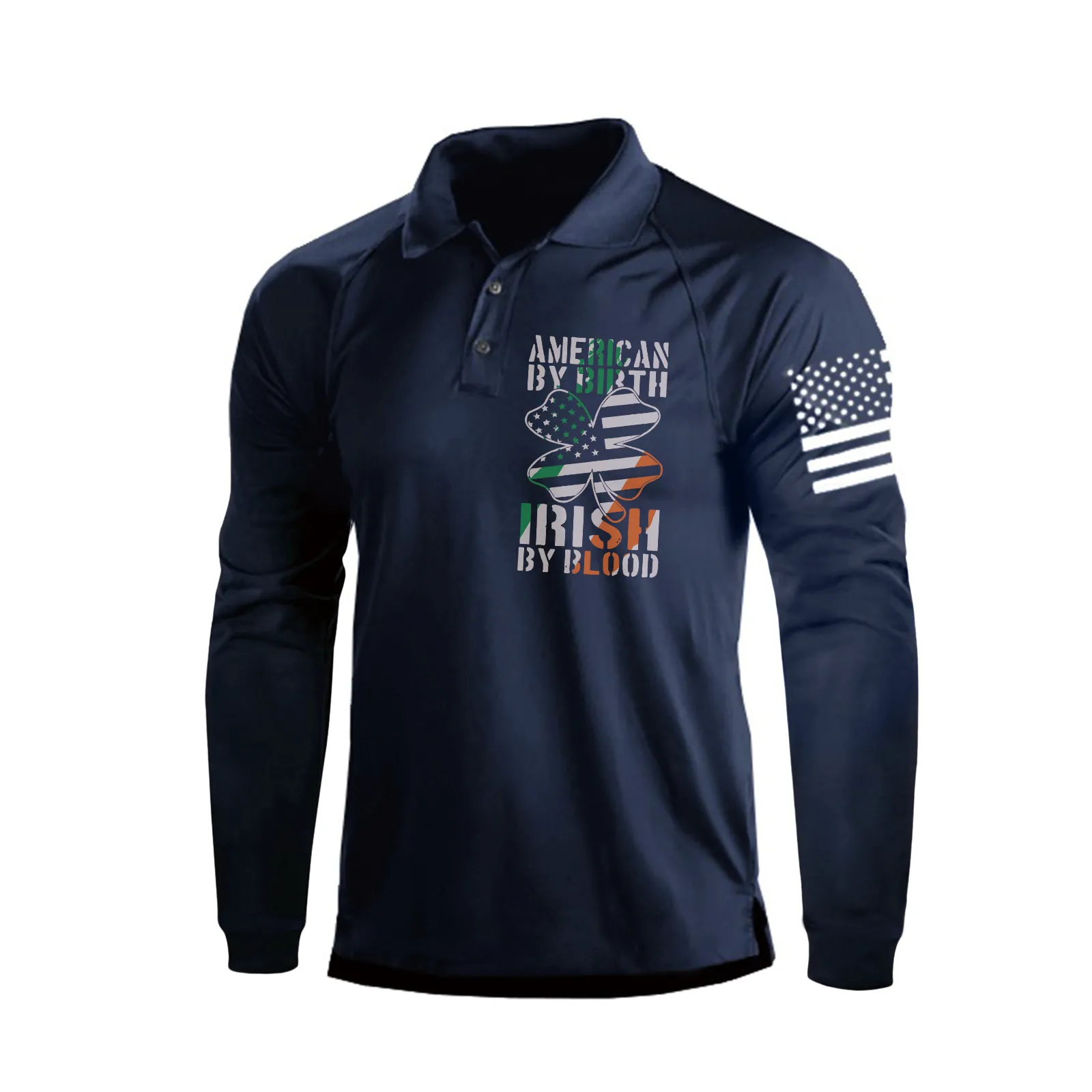 IRELAND FLAG SHAMROCK RAGLAN GRAPHIC LONG SLEEVE POLO SHIRT