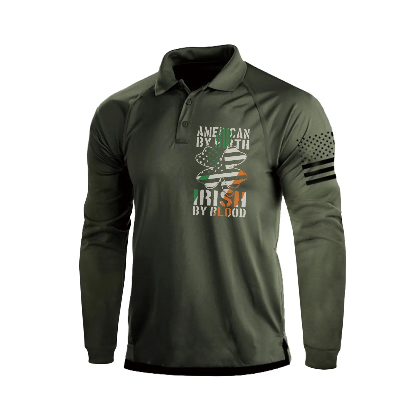 IRELAND FLAG SHAMROCK RAGLAN GRAPHIC LONG SLEEVE POLO SHIRT