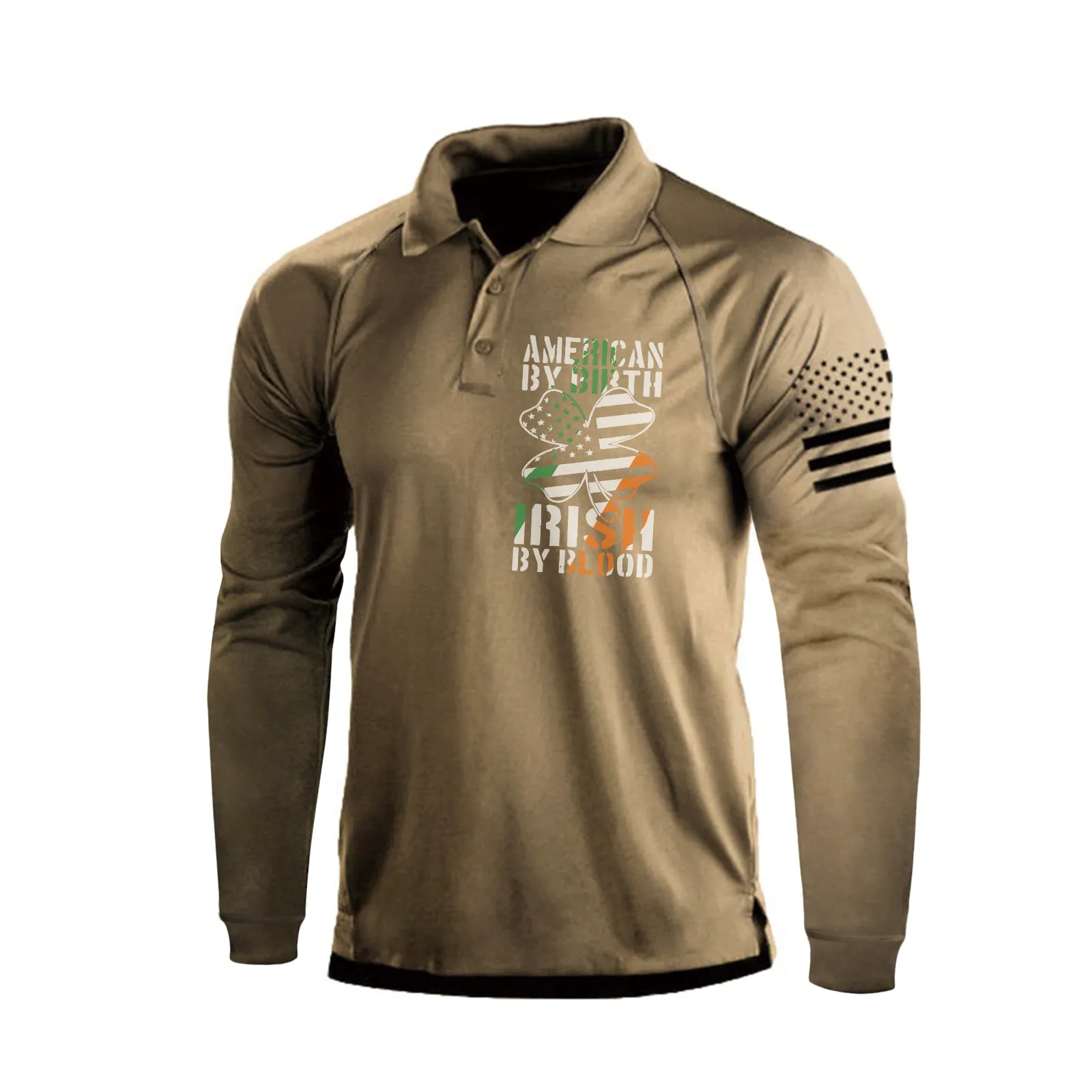 IRELAND FLAG SHAMROCK RAGLAN GRAPHIC LONG SLEEVE POLO SHIRT