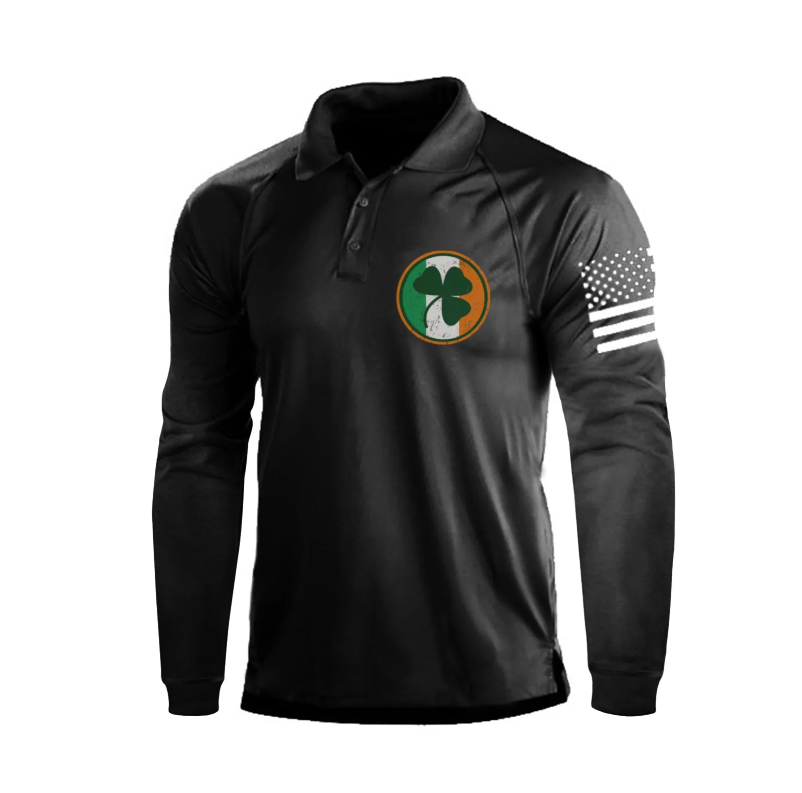 IRELAND FLAG SHAMROCK RAGLAN GRAPHIC LONG SLEEVE POLO SHIRT