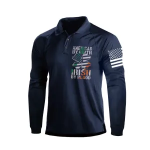 IRELAND FLAG SHAMROCK RAGLAN GRAPHIC LONG SLEEVE POLO SHIRT