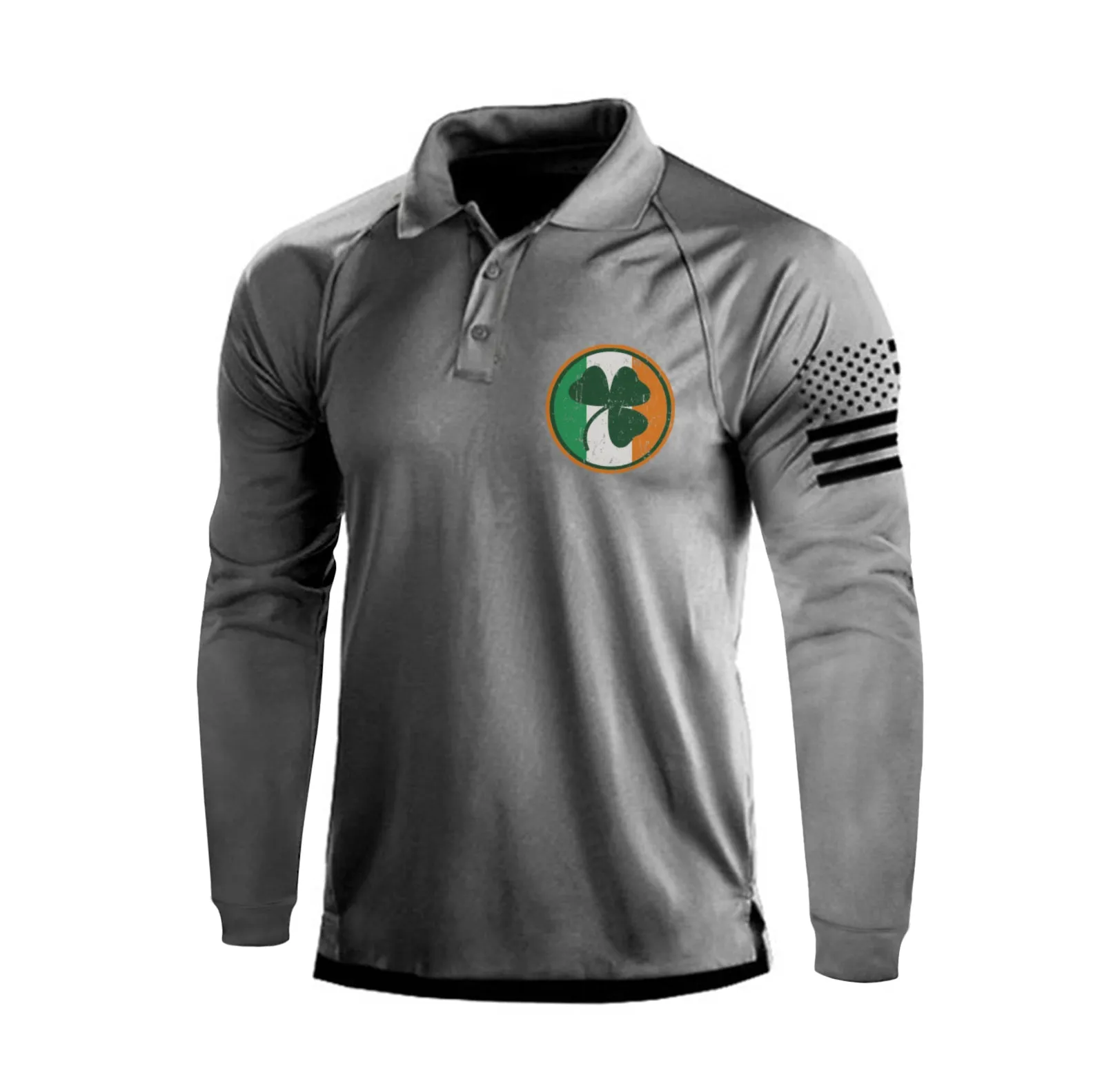IRELAND FLAG SHAMROCK RAGLAN GRAPHIC LONG SLEEVE POLO SHIRT