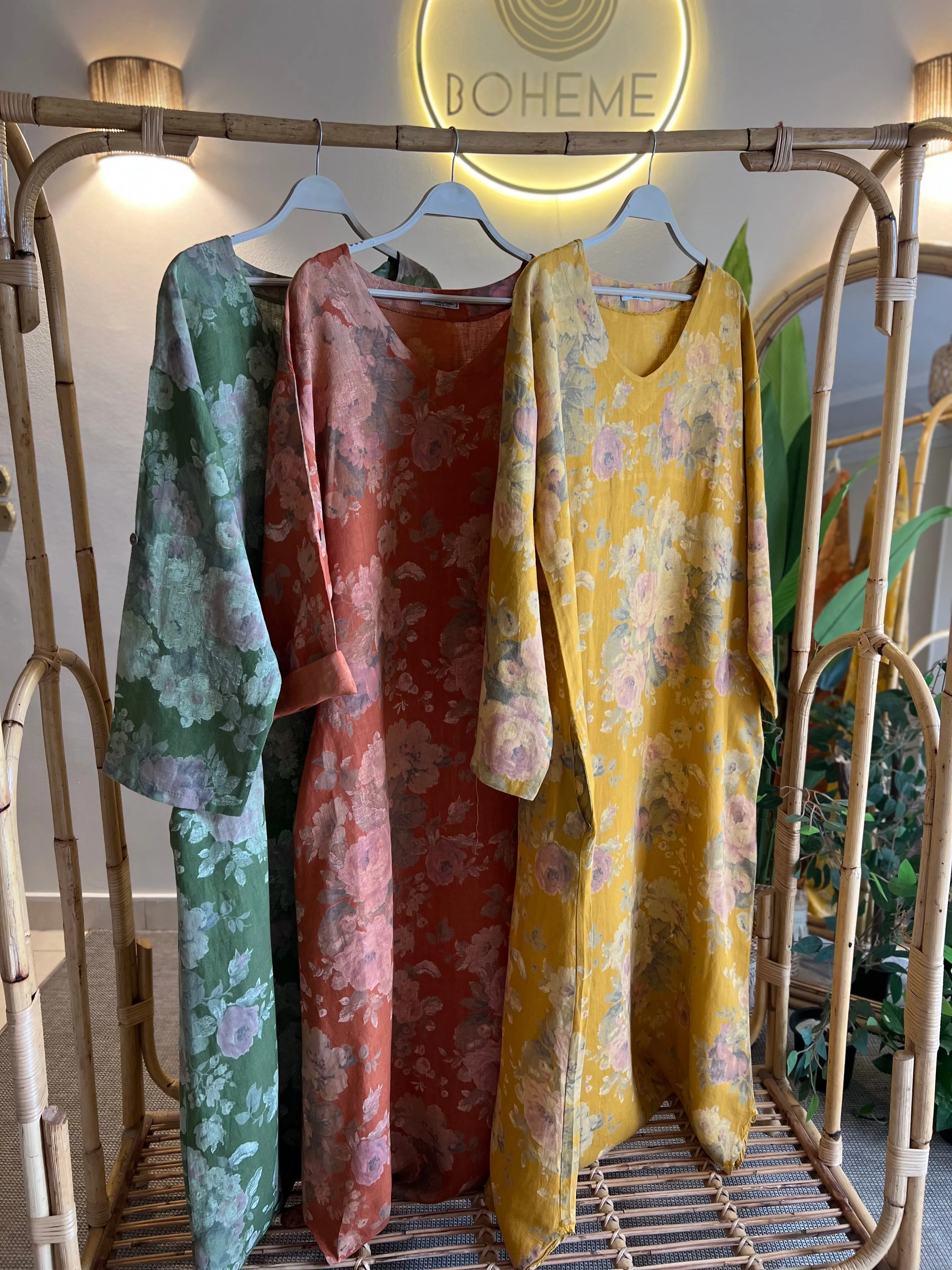 Italian Linen Green Floral Maxi Dress