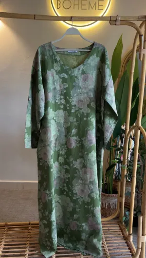 Italian Linen Green Floral Maxi Dress